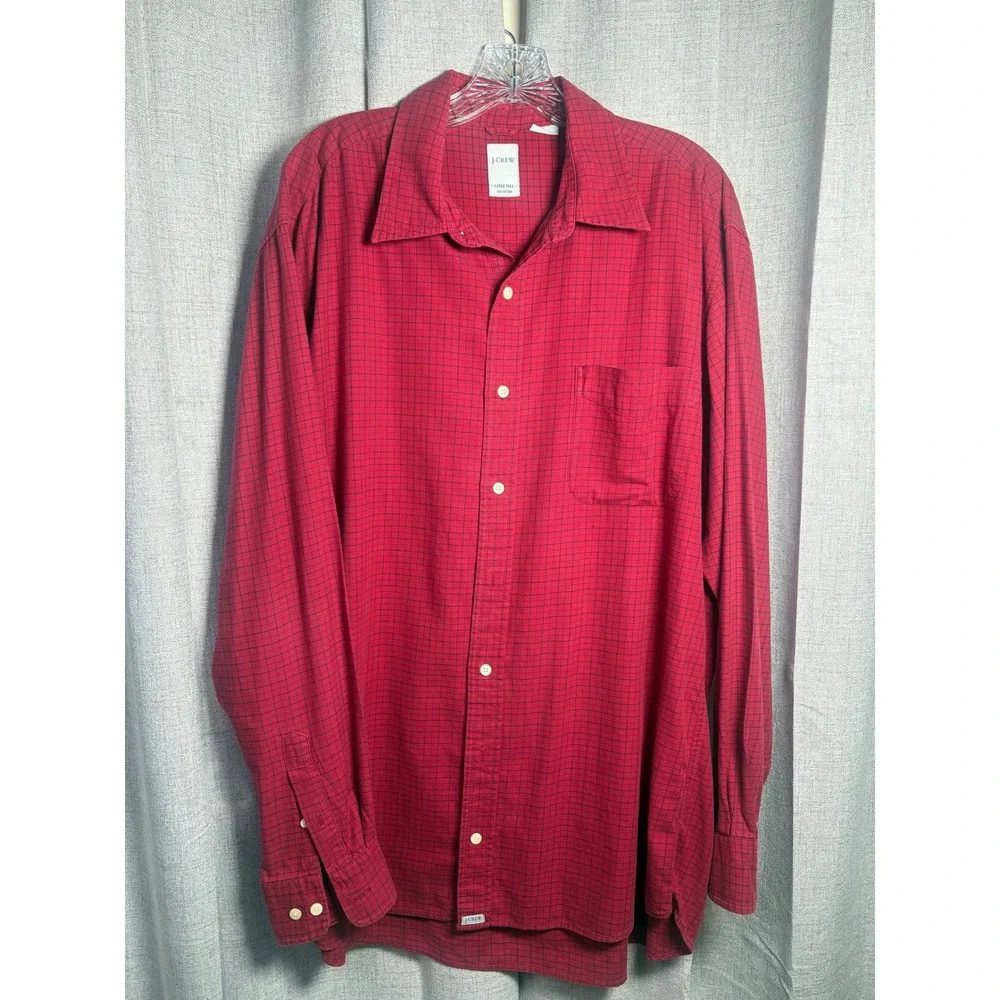 J. Crew Mens Large Tall Red Black Check Cotton Long Sleeve Button Down Shirt